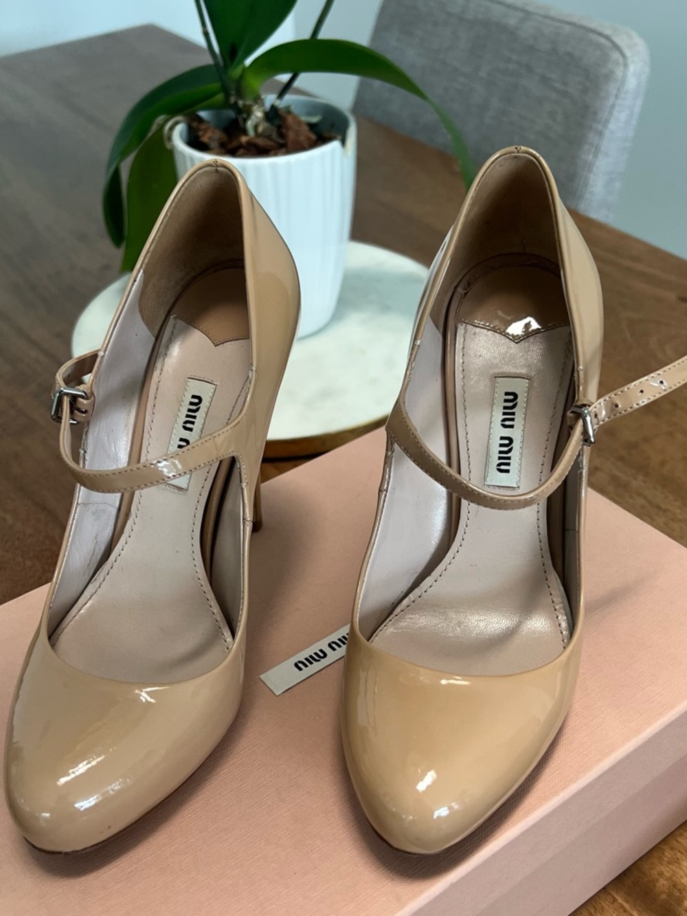 Miu Miu Nude Patent Leather Mary Jane Heels